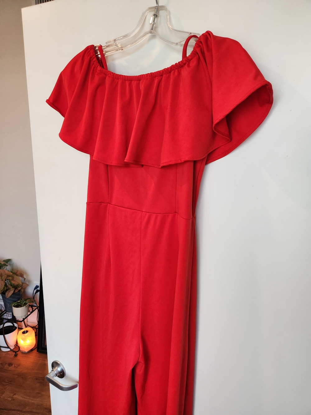 Red Off-Shoulder Ruffle Jumpsuit - Picture 2 of 9